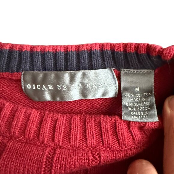 Oscar De La Renta Red Cable Knit Crewneck Sweater M 100% Cotton - Picture 3 of 4